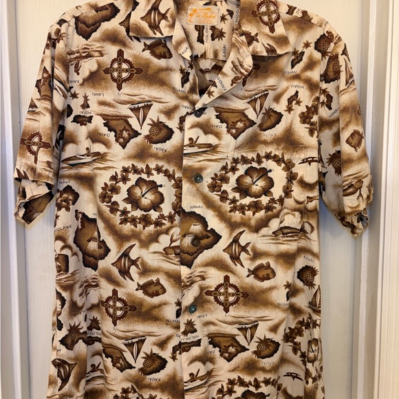 VTG Ui-Maikai Hawaiian Button Shirt Mens Medium Brown-Tan Islands Floral READ - Picture 1 of 9